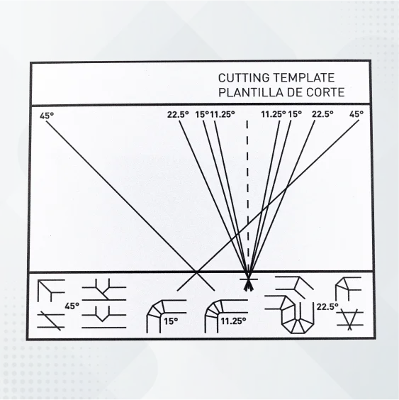 Cutting template diagram with angles 11.25° to 45° and line patterns