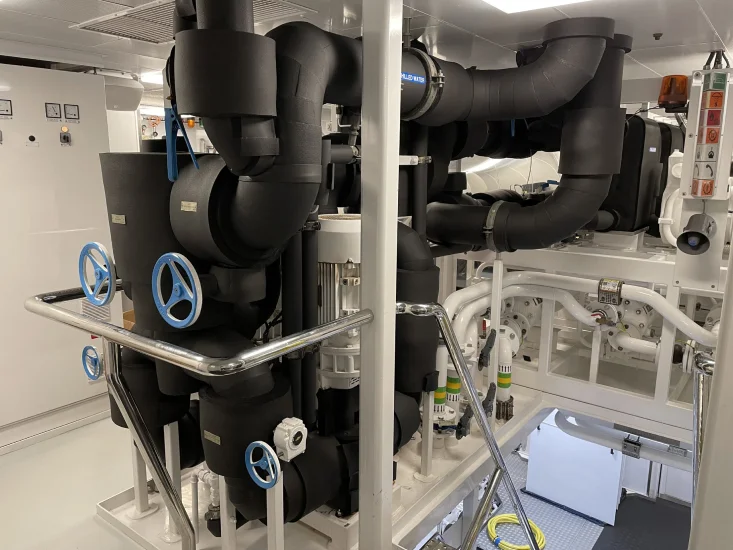 Insulated pipes and valves in a mechanical room